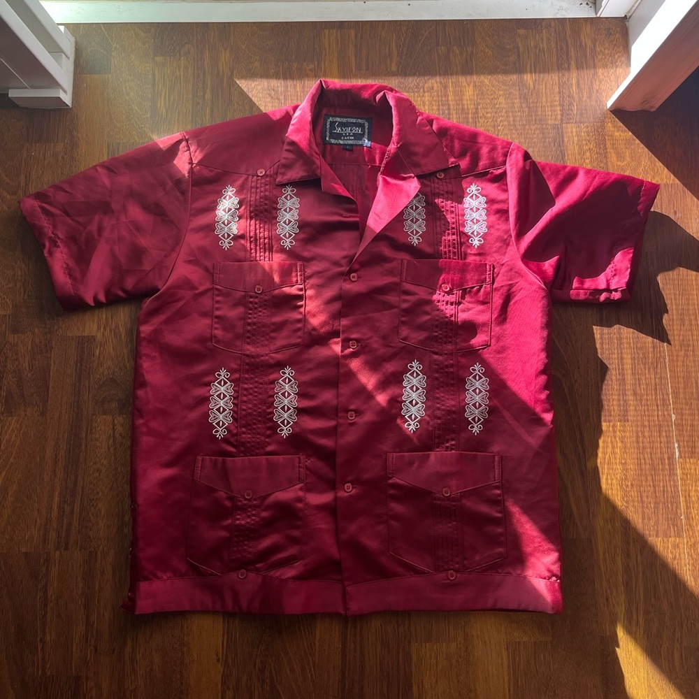 Fancy red and white button up t-shirt.